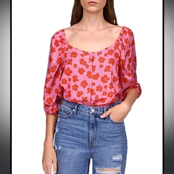 Sanctuary Button Down Floral Print Qaurter Sleeve Square neck Blouse - Picture 1 of 9
